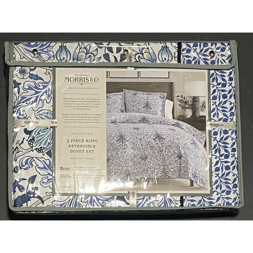 William MORRIS & CO. KING Duvet Cover Set Blue White Reversible COTTON - Picture 7 of 16